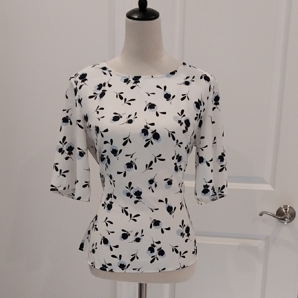 Ann Taylor White Blouse with Black and Navy Floral Print